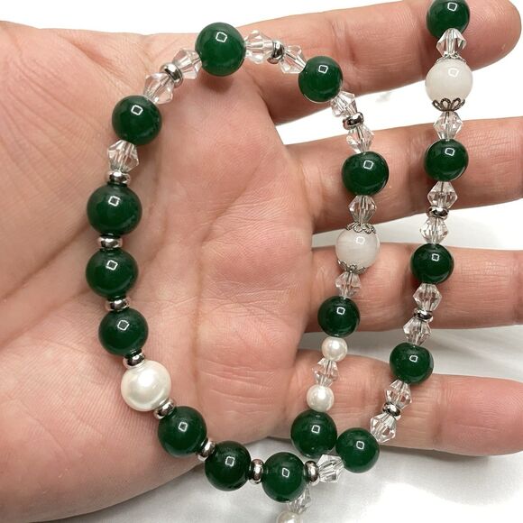 Artisan Handcrafted Emerald Green Gemstone Pearl Glass Beaded Necklace Amazing - Picture 5 of 10